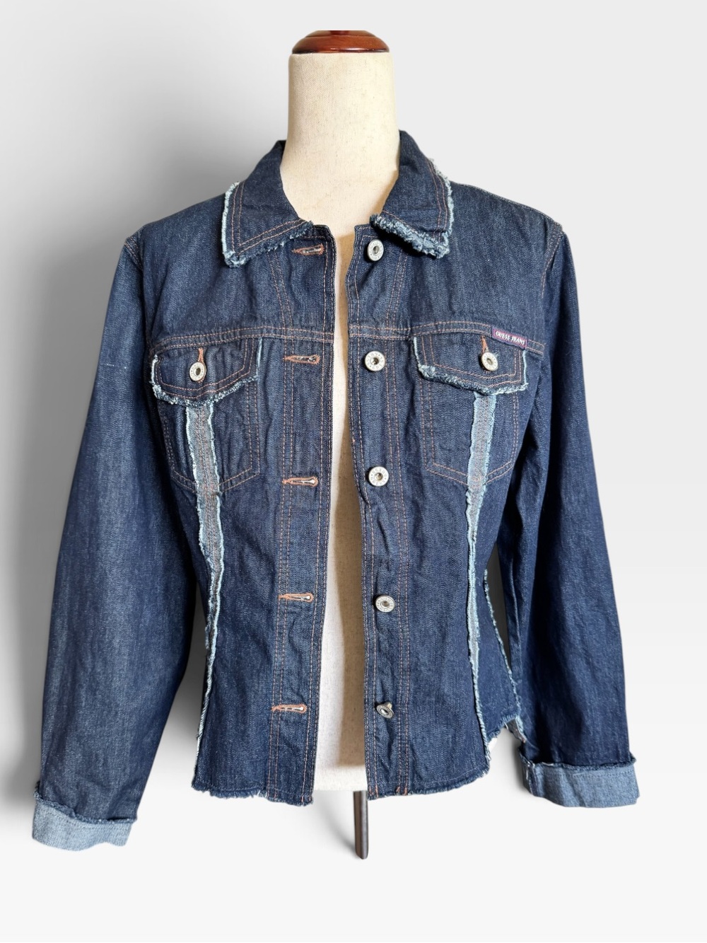 Guess Dark Blue Denim Jean Jacket with Frayed Trim